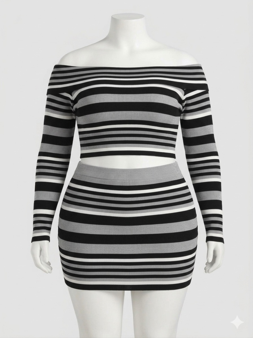 Fashion Nova Black and Gray Striped Ribbed Mini Skirt